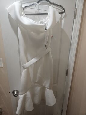 Badgley Mischka Asymmetric Off-Shoulder Dress With Belt